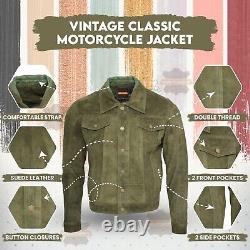 Veste de mode vintage pour motard en cuir suédé vert de style camionneur pour hommes