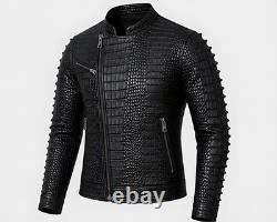 Veste de motard pour homme en cuir véritable de vachette noir avec relief crocodile et dos à crête
  <br/>