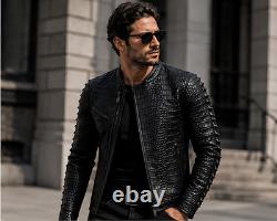 Veste de motard pour homme en cuir véritable de vachette noir avec relief crocodile et dos à crête  <br/>   	