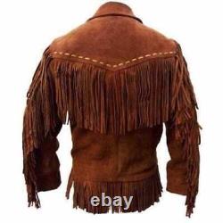 Veste en cuir à franges pour homme, style cow-boy amérindien, veste en daim véritable de style western