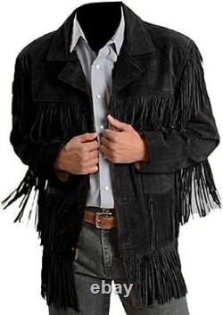Veste en cuir daim noire rétro à franges de style cow-boy occidental pour hommes