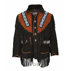 Veste en cuir de cow-boy amérindien à franges et perles, veste en daim western
