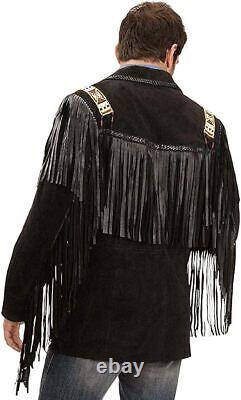 Veste en cuir de cow-boy amérindien avec franges en daim et perles de style western