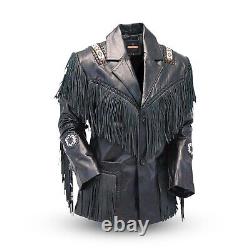 Veste en cuir de cow-boy occidental noir pour homme avec franges et perles amérindiennes