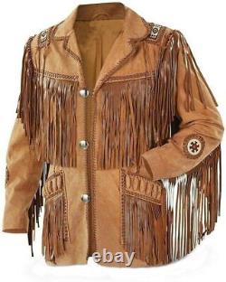 Veste en cuir de cowboy amérindien avec franges et perles de style occidental