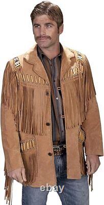 Veste en cuir de cowboy amérindien marron pour homme avec franges en perles style western