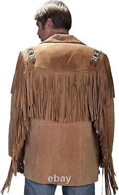 Veste en cuir de cowboy amérindien marron pour homme avec franges en perles style western