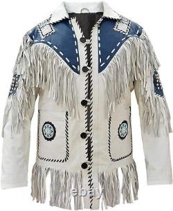 Veste en cuir de cowboy amérindien pour homme avec franges et perles, veste en daim de style western