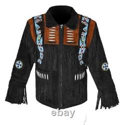 Veste en cuir de cowboy en daim occidental pour hommes avec franges et travail de perles d'aigle amérindien