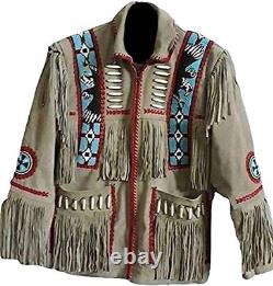 Veste en cuir de cowboy occidental amérindien marron avec franges en daim et perles