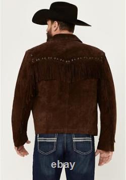 Veste en cuir de daim occidental pour hommes avec franges amérindiennes et franges de cow-boy