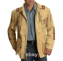 Veste en cuir de daim véritable pour cowboy occidental amérindien avec franges et perles