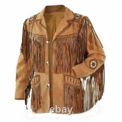 Veste en cuir de style cow-boy de l'Ouest en daim marron avec franges et perles