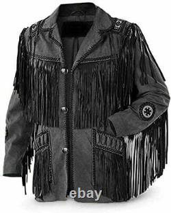 Veste en cuir noir suédé western pour homme amérindien cowboy avec franges et perles