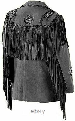 Veste en cuir noir suédé western pour homme amérindien cowboy avec franges et perles