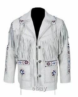 Veste en cuir suédé blanc frangée et perlée de cow-boy amérindien pour homme