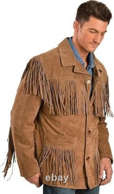 Veste en cuir suédé brun pour homme avec franges de style cow-boy amérindien
