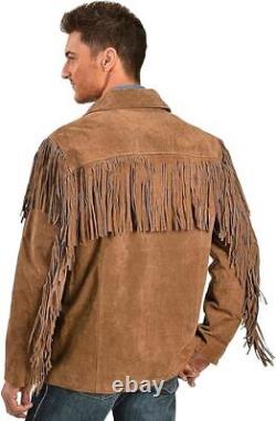 Veste en cuir suédé brun véritable pour hommes style western avec franges de cow-boy amérindien