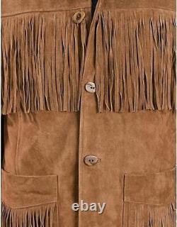 Veste en cuir suédé brun véritable pour hommes style western avec franges de cow-boy amérindien