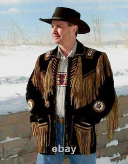 Veste en cuir suède de cow-boy occidental pour hommes, avec perles amérindiennes et franges.