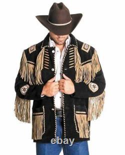 Veste en cuir suédé de cow-boy occidental pour hommes, veste à franges et perles amérindiennes