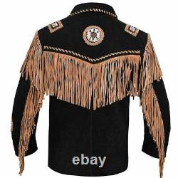 Veste en cuir suédé de cow-boy occidental pour hommes, veste à franges et perles amérindiennes