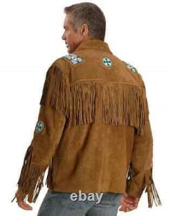 Veste en cuir suédé frangée de cow-boy western amérindien pour homme marron avec fermeture éclair