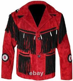 Veste en cuir suédé rouge avec franges et perles de cow-boy amérindien pour hommes