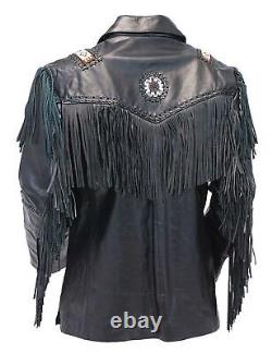 Veste en cuir véritable noire pour hommes de style cow-boy occidental amérindien avec franges et perles.