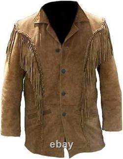 Veste en cuir véritable pour homme, style cowboy amérindien, avec franges en suède, veste western