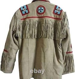 Veste en cuir western cowboy marron pour homme amérindien avec franges en suède et perles