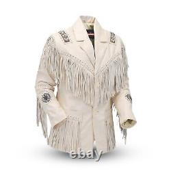 Veste en cuir western de cowboy amérindien pour homme avec franges, glands et perles