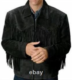 Veste en daim à franges en cuir de style western pour homme, noire, avec fermeture éclair, inspirée du look cowboy amérindien