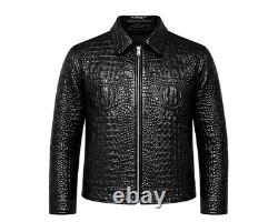 Veste-manteau en cuir véritable de vache noir pour homme, embossée crocodile
