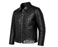 Veste-manteau en cuir véritable de vache noir pour homme, embossée crocodile