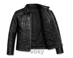 Veste-manteau en cuir véritable de vache noir pour homme, embossée crocodile