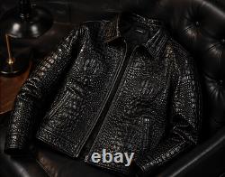 Veste-manteau en cuir véritable de vache noir pour homme, embossée crocodile