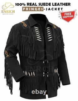 Veste western pour homme en daim à franges avec perles amérindiennes
